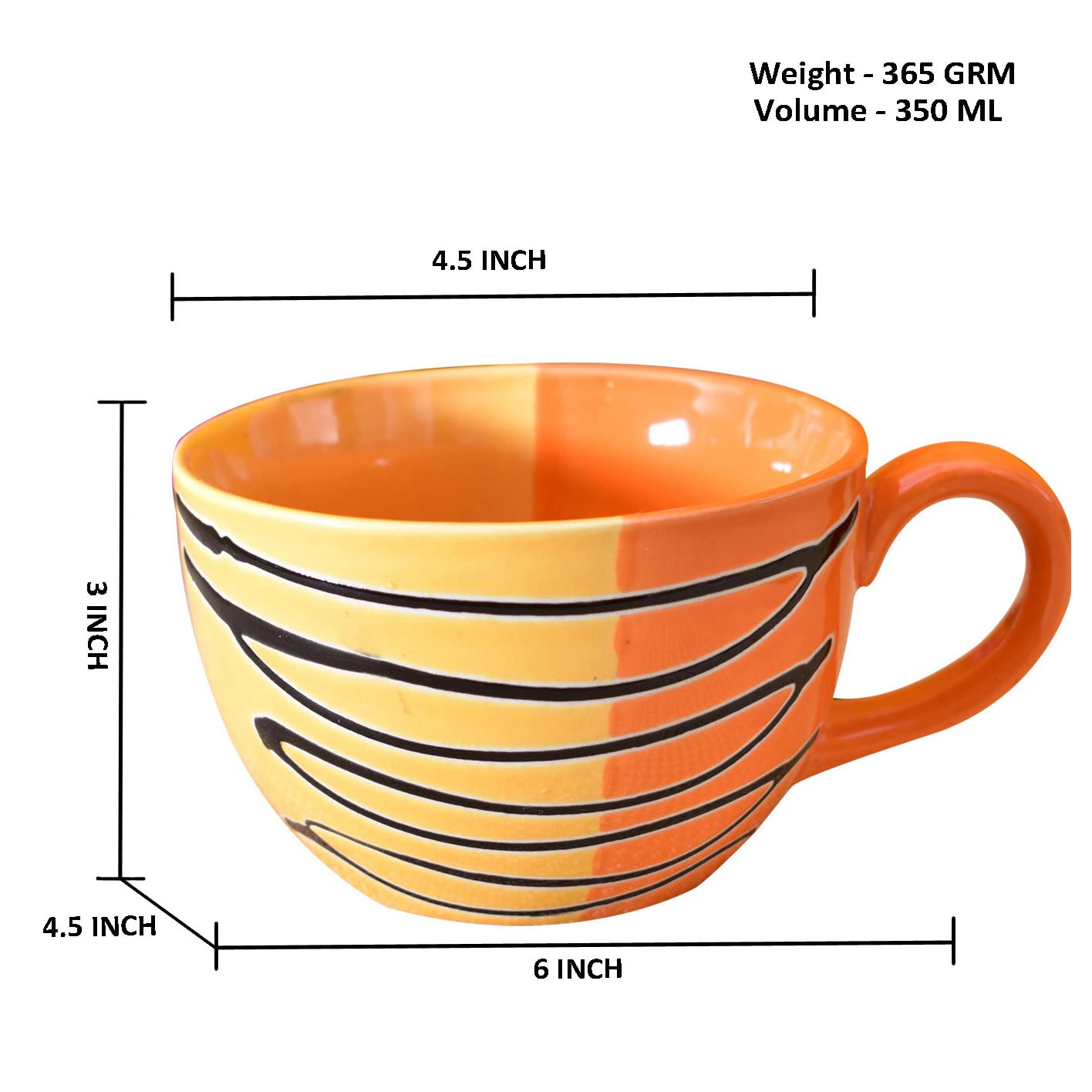 Kunhar Ceramic Jumbo Coffee Mug Soup Mug Noodle Mug - 350 ML - Microwave Safe & Freezer Safe, Set of 1, Orange Yellow