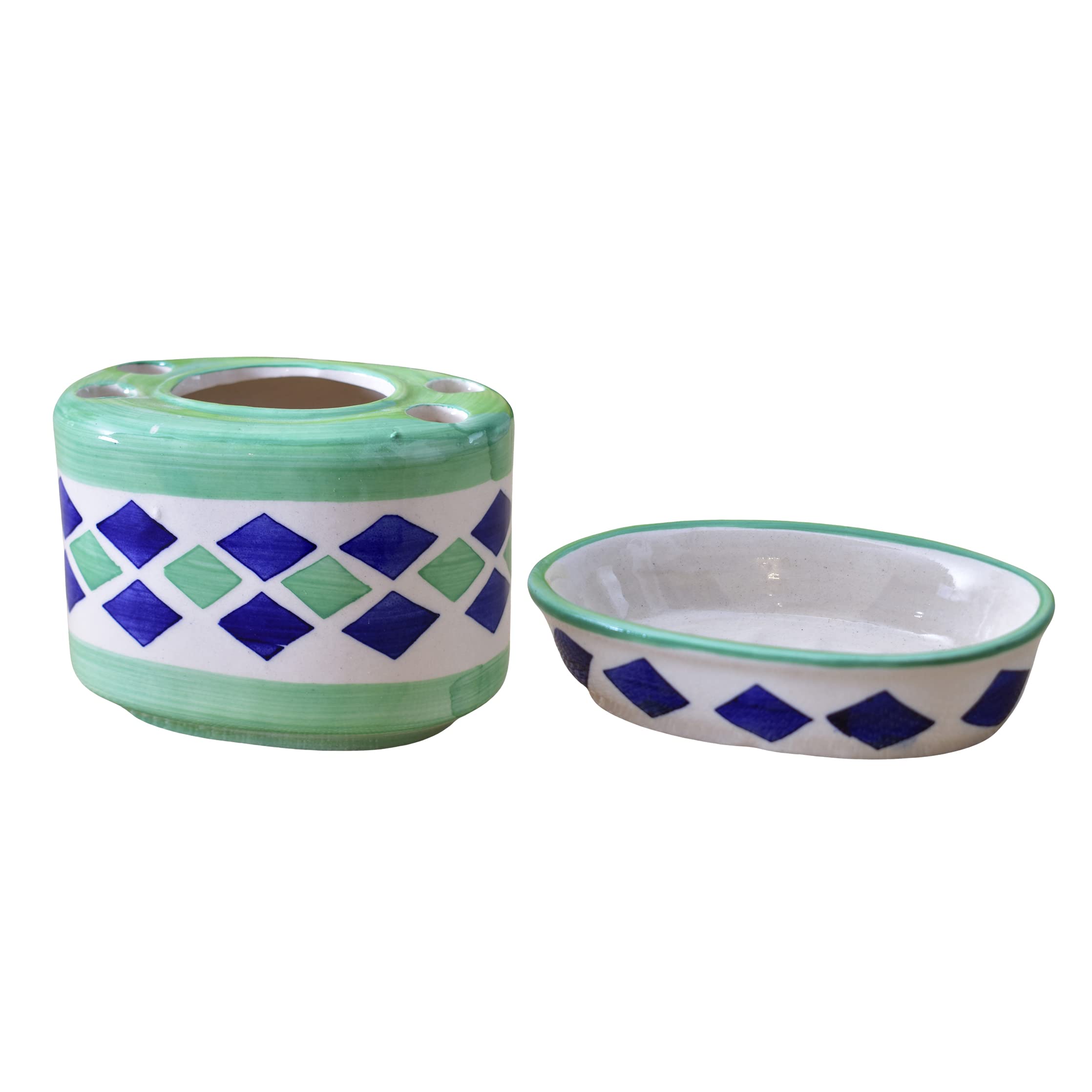 Kunhar Ceramic 2-Piece Bathroom Accessories Set (1 Soap Dish Holder and 1 Toothbrush Holder), Green