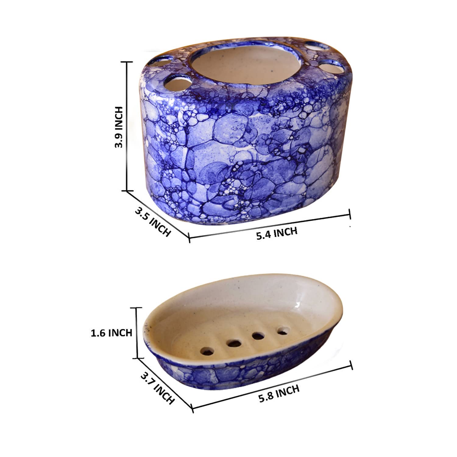 Kunhar Ceramic 2-Piece Bathroom Accessories Set (1 Soap Dish Holder and 1 Toothbrush Holder), Blue Luster