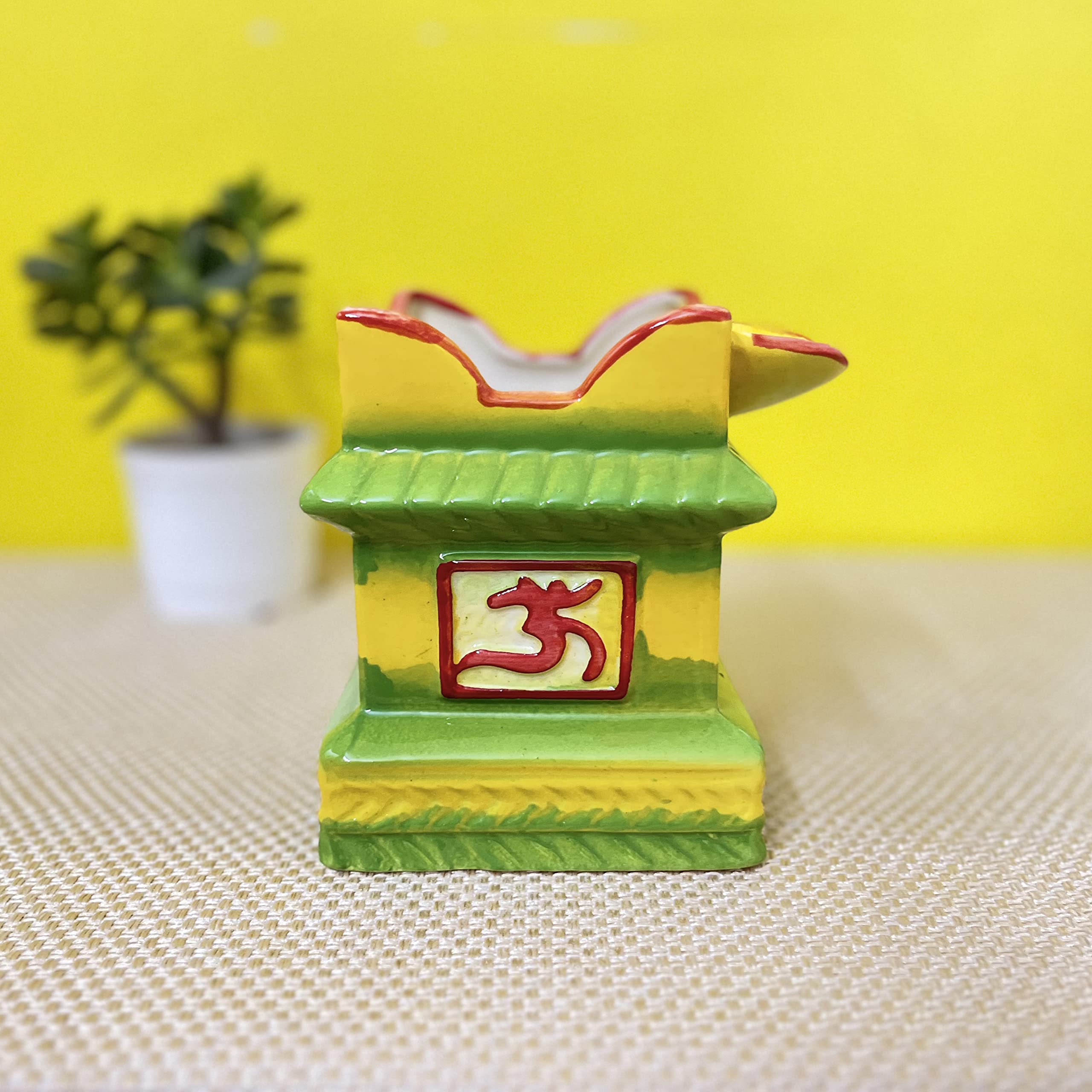 Kunhar Ceramic Tulsi Pot 5 x 7.2 Inch Green Yellow – Decorative Plant Pot with Outer Planter