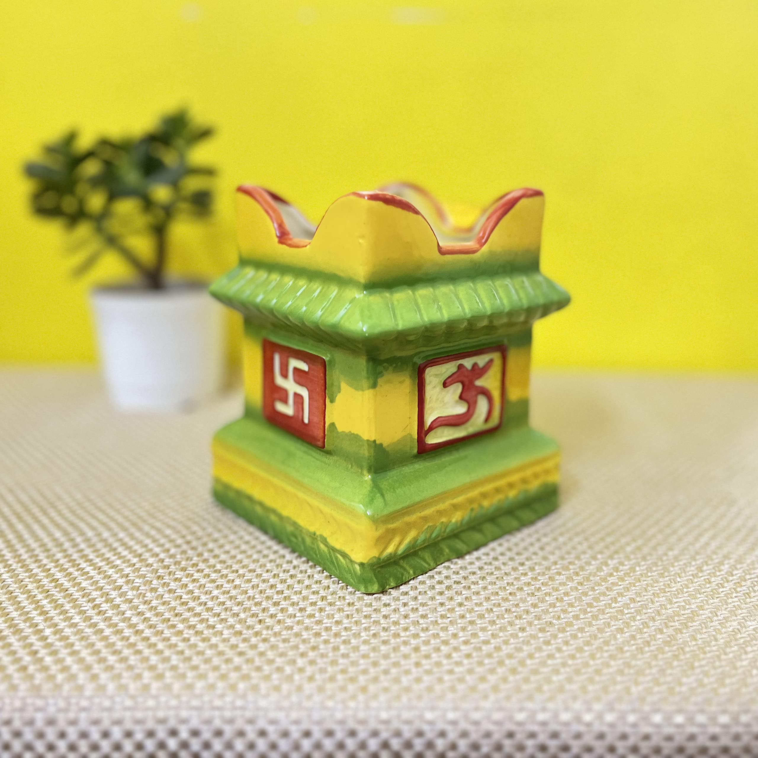 Kunhar Ceramic Tulsi Pot 5 x 7.2 Inch Green Yellow – Decorative Plant Pot with Outer Planter