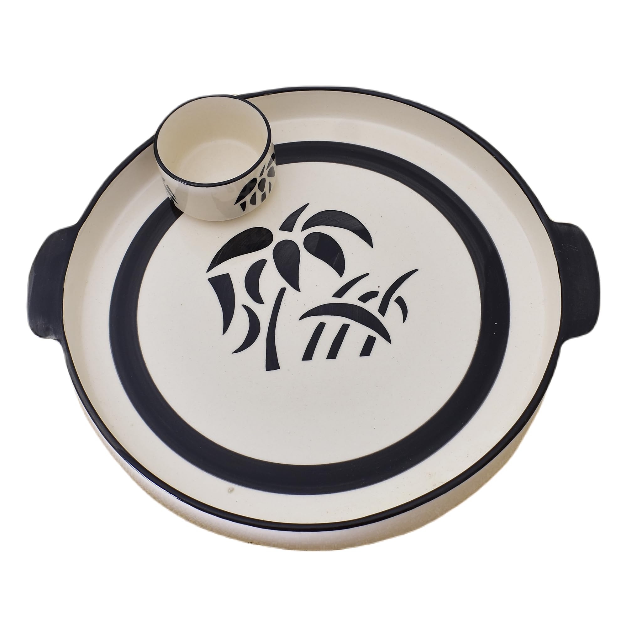 KunhaR Ceramic Platter, Pizza Plate, Round Serving Plate With Serving Chutney Bowl, 10 Inch, White Tree