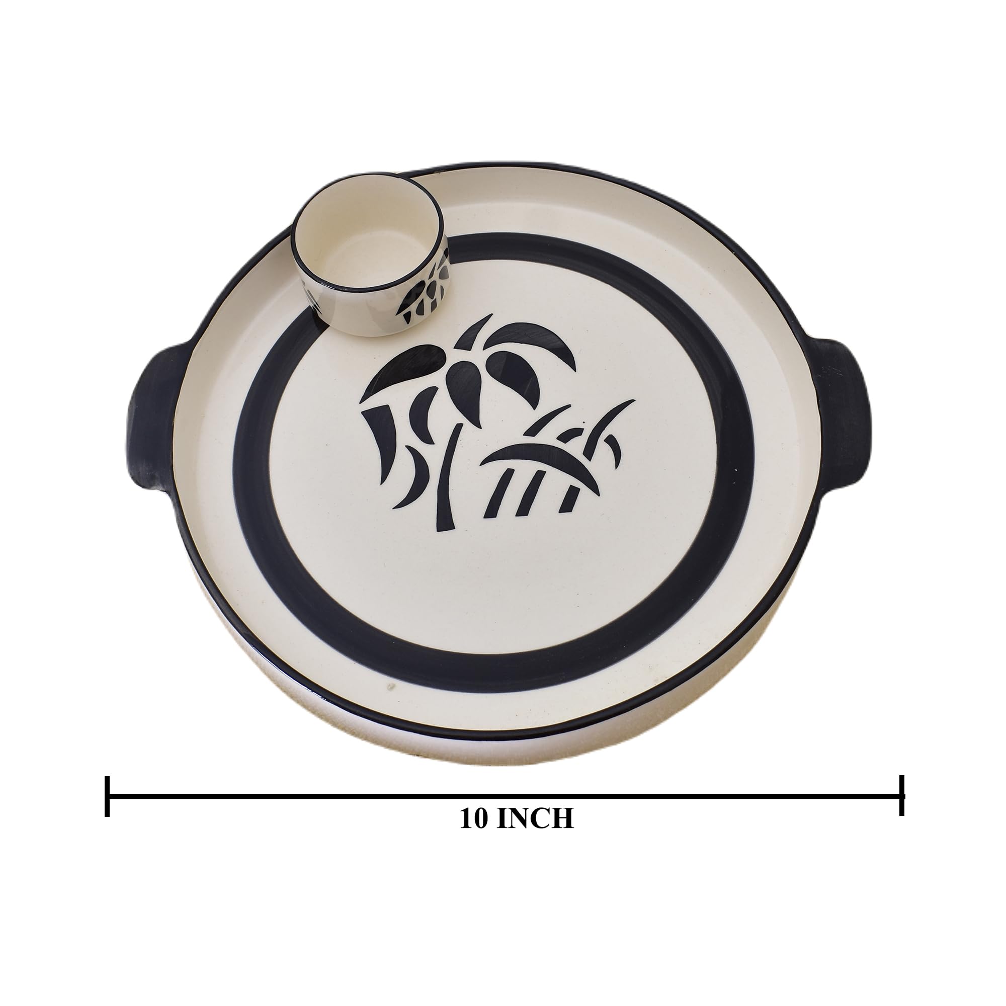 KunhaR Ceramic Platter, Pizza Plate, Round Serving Plate With Serving Chutney Bowl, 10 Inch, White Tree