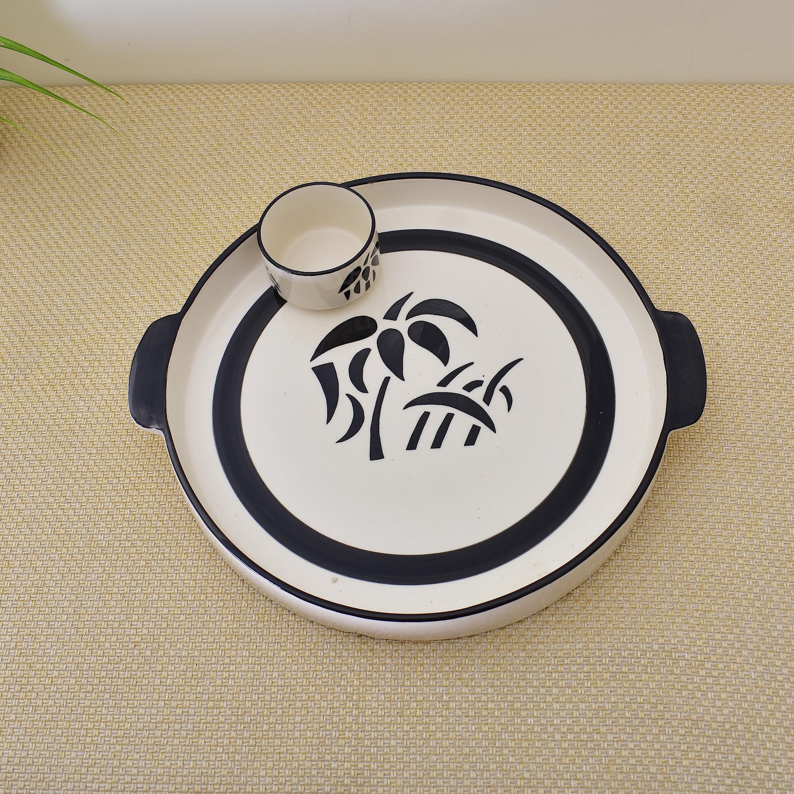 KunhaR Ceramic Platter, Pizza Plate, Round Serving Plate With Serving Chutney Bowl, 10 Inch, White Tree