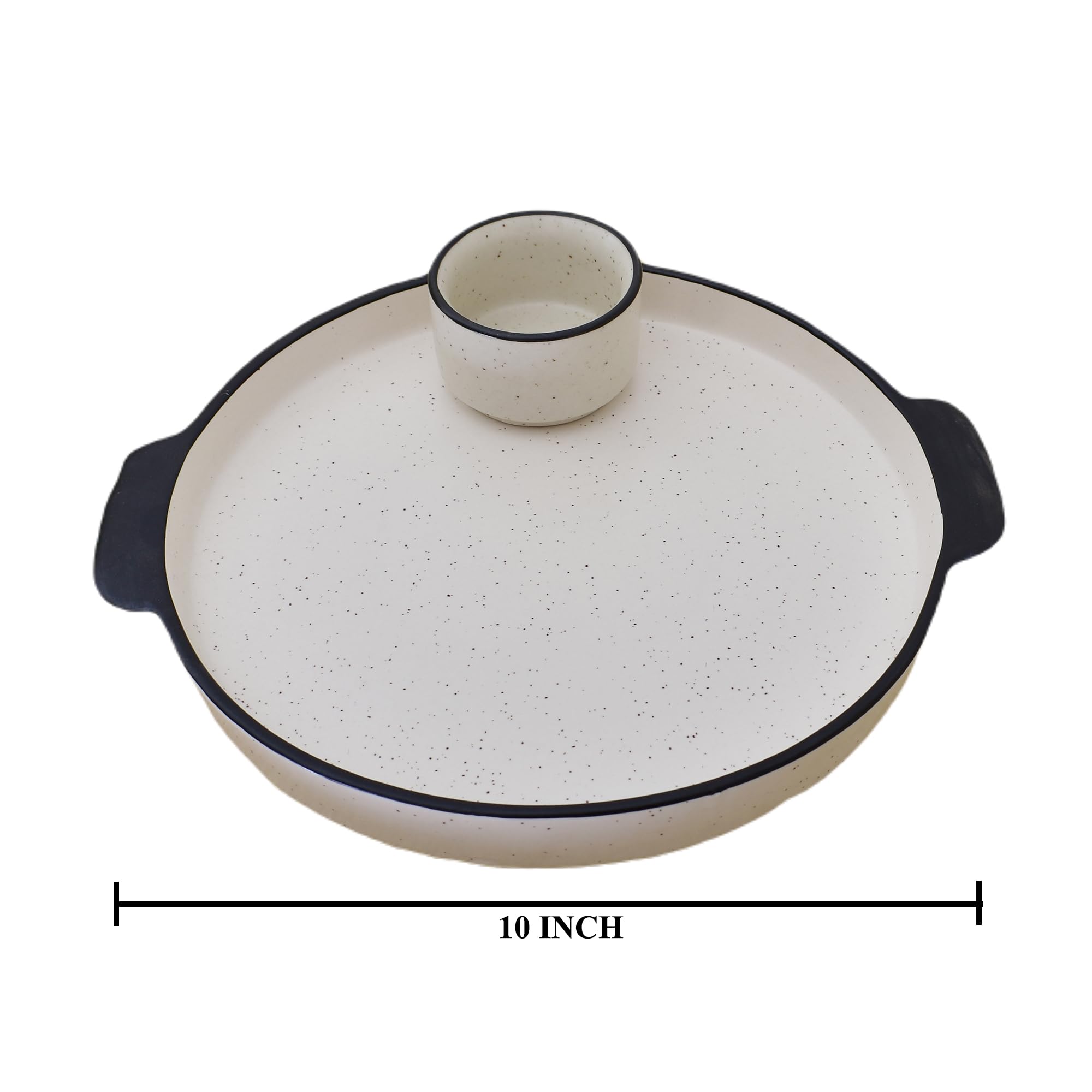 KunhaR Ceramic Platter, Pizza Plate, Round Serving Plate with Serving Chutney Bowl, 10 Inch, White Matt