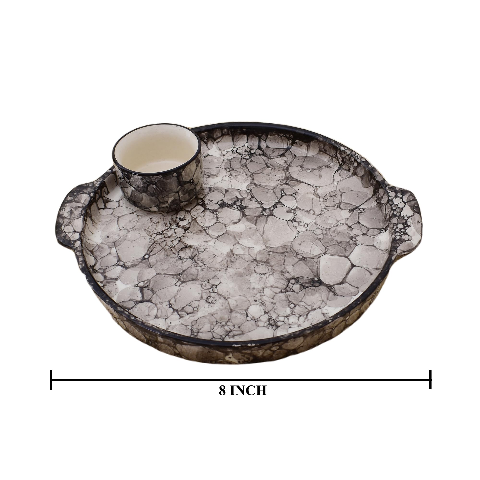 KunhaR Ceramic Platter, Pizza Plate, Round Serving Plate with Serving Chutney Bowl, 8 Inch, Black Luster