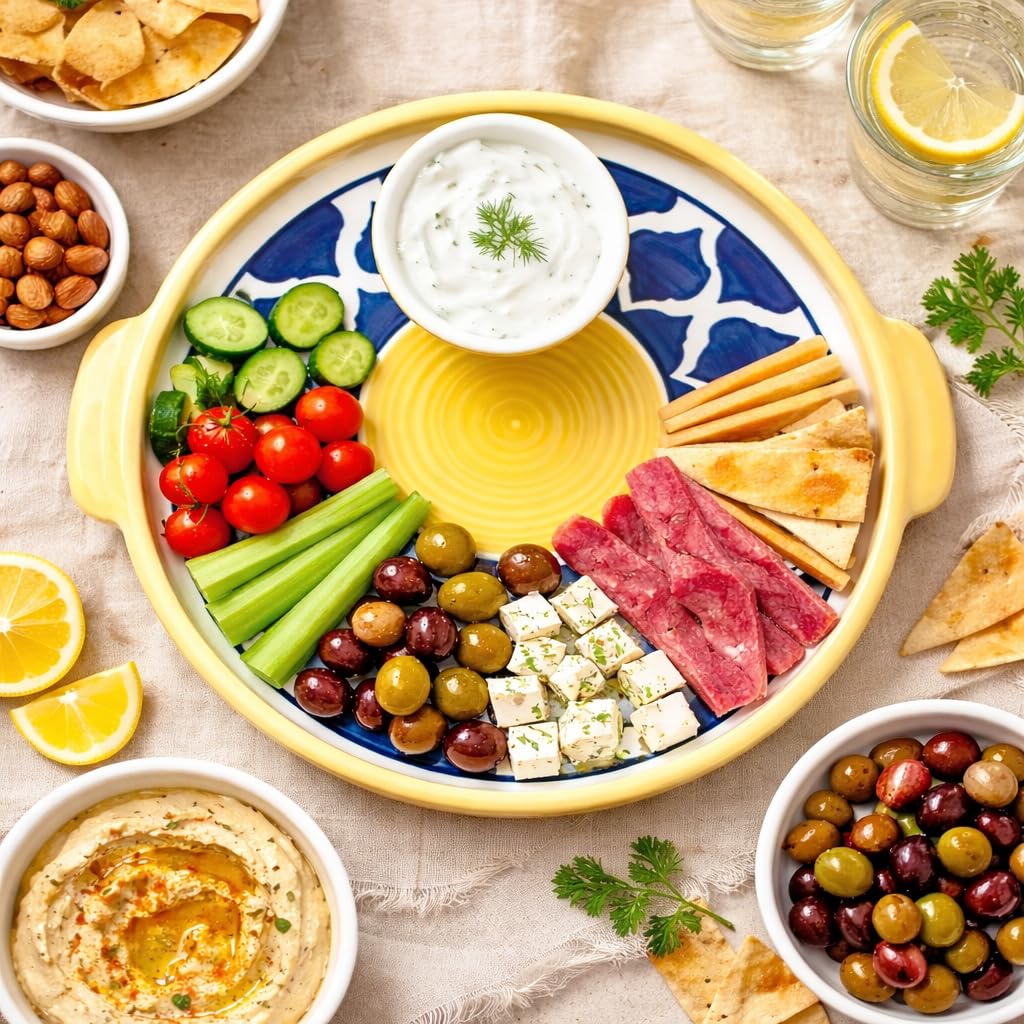 KunhaR Ceramic Platter Pizza Plate with Serving Chutney Bowl; Round Serving Plate for Snacks & Appetizers; 8 Inch Handcrafted Ceramic Plate; Yellow Blue Chidi Design; Microwave & Dishwasher Safe