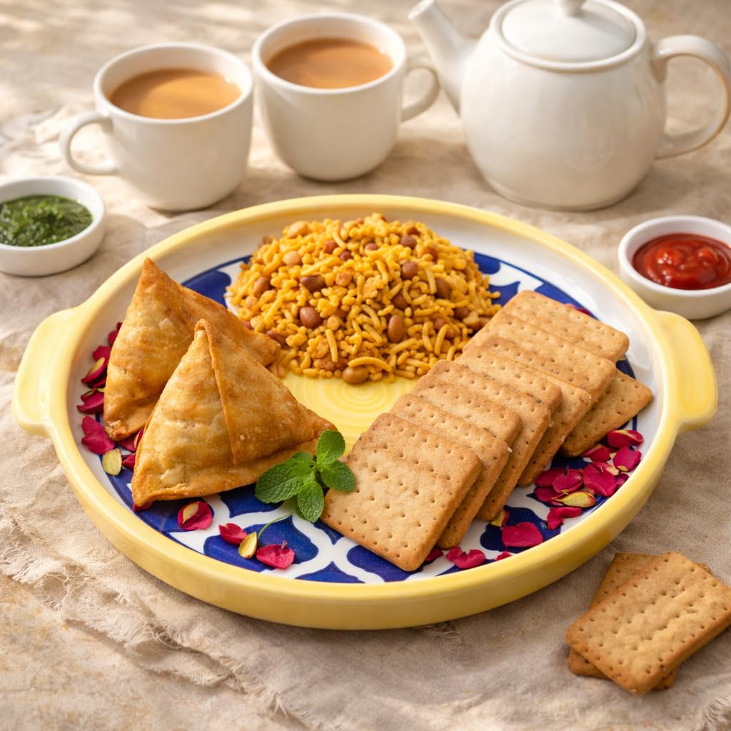 KunhaR Ceramic Platter Pizza Plate with Serving Chutney Bowl; Round Serving Plate for Snacks & Appetizers; 8 Inch Handcrafted Ceramic Plate; Yellow Blue Chidi Design; Microwave & Dishwasher Safe