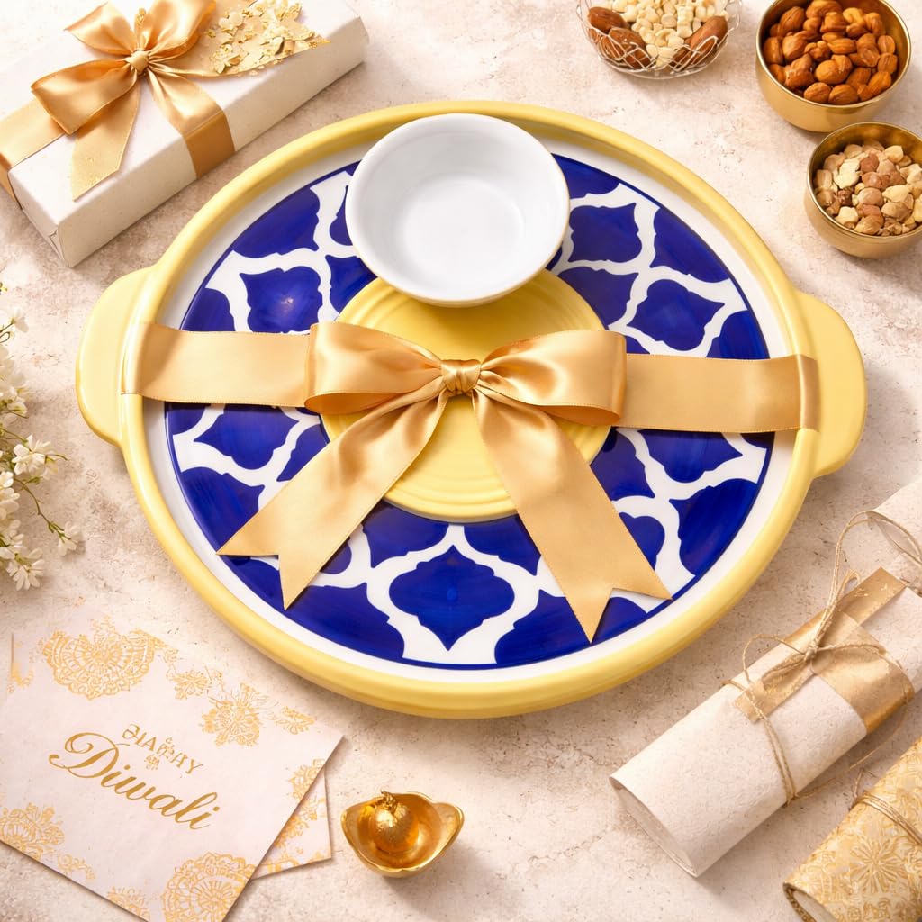 KunhaR Ceramic Platter Pizza Plate with Serving Chutney Bowl; Round Serving Plate for Snacks & Appetizers; 8 Inch Handcrafted Ceramic Plate; Yellow Blue Chidi Design; Microwave & Dishwasher Safe