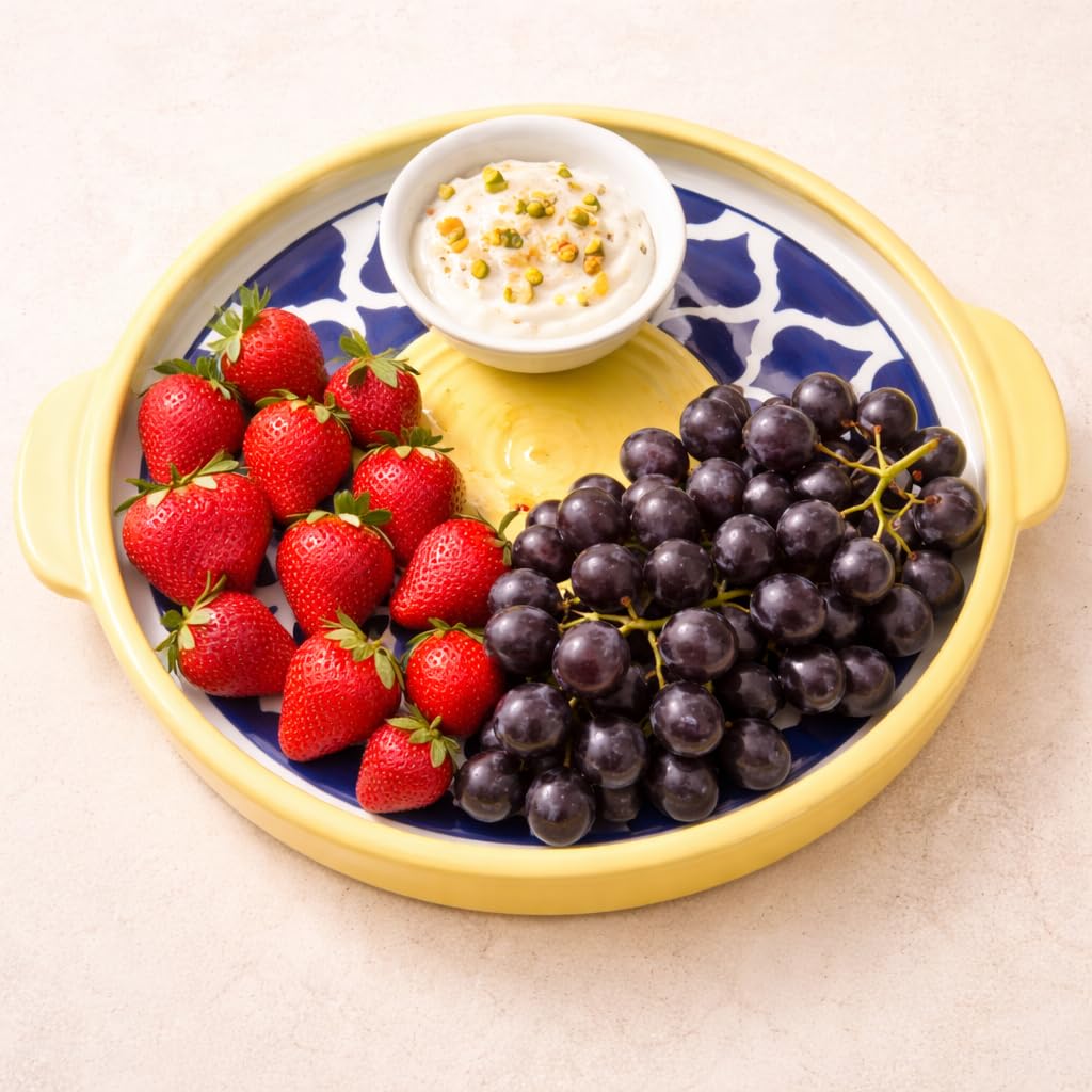KunhaR Ceramic Platter Pizza Plate with Serving Chutney Bowl; Round Serving Plate for Snacks & Appetizers; 8 Inch Handcrafted Ceramic Plate; Yellow Blue Chidi Design; Microwave & Dishwasher Safe