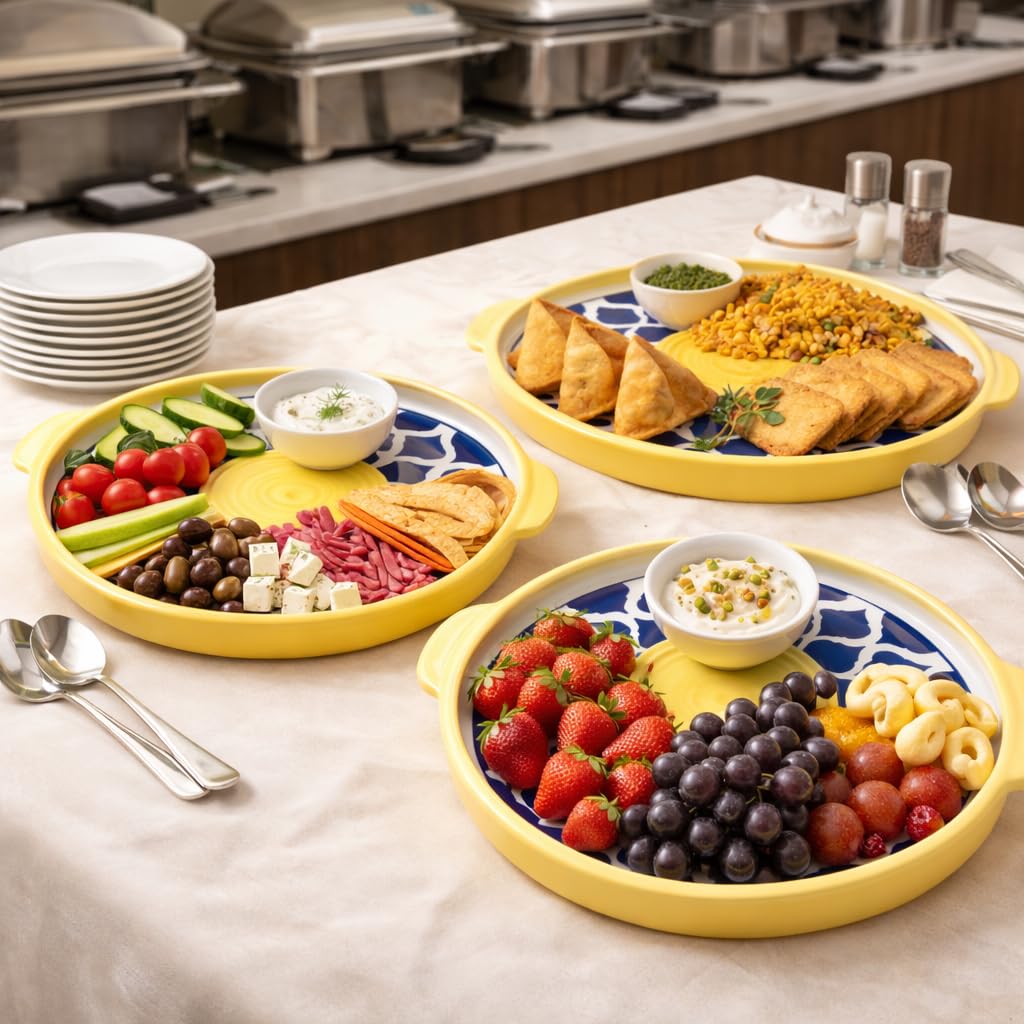 KunhaR Ceramic Platter Pizza Plate with Serving Chutney Bowl; Round Serving Plate for Snacks & Appetizers; 8 Inch Handcrafted Ceramic Plate; Yellow Blue Chidi Design; Microwave & Dishwasher Safe