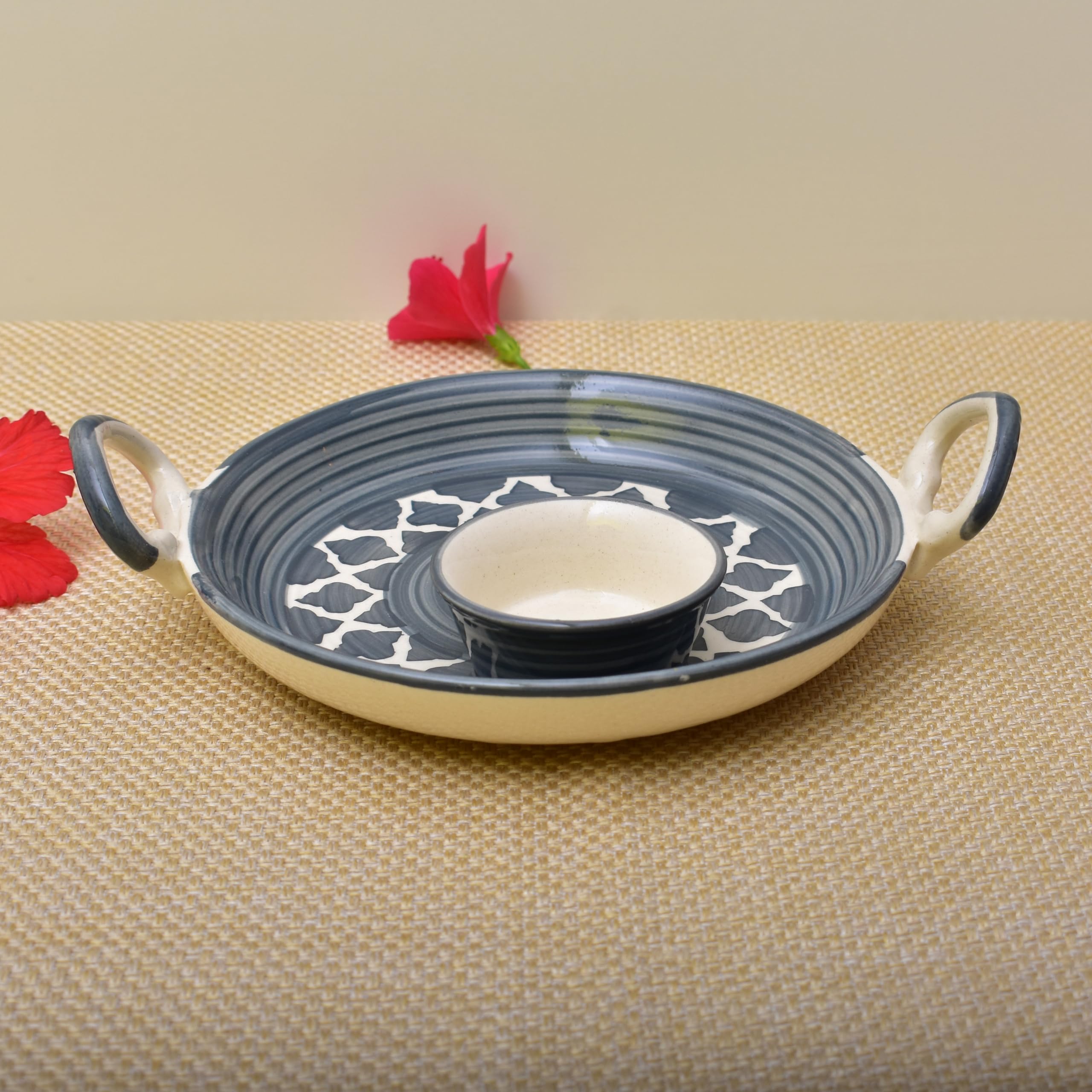 KunhaR Ceramic Platter, Pizza Plate, Round Serving Plate with Serving Chutney Bowl, 8 Inch, Grey Chidi