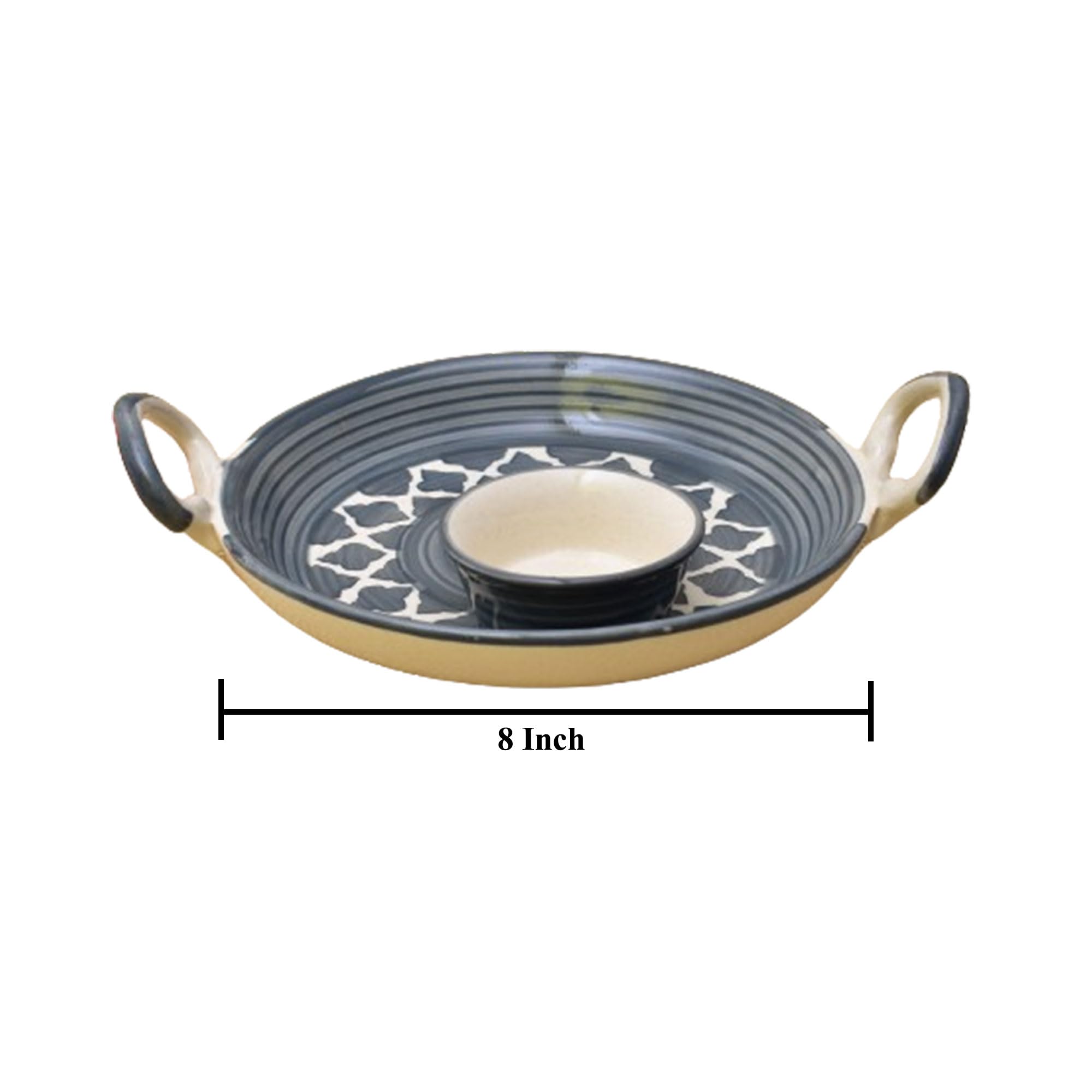 KunhaR Ceramic Platter, Pizza Plate, Round Serving Plate with Serving Chutney Bowl, 8 Inch, Grey Chidi