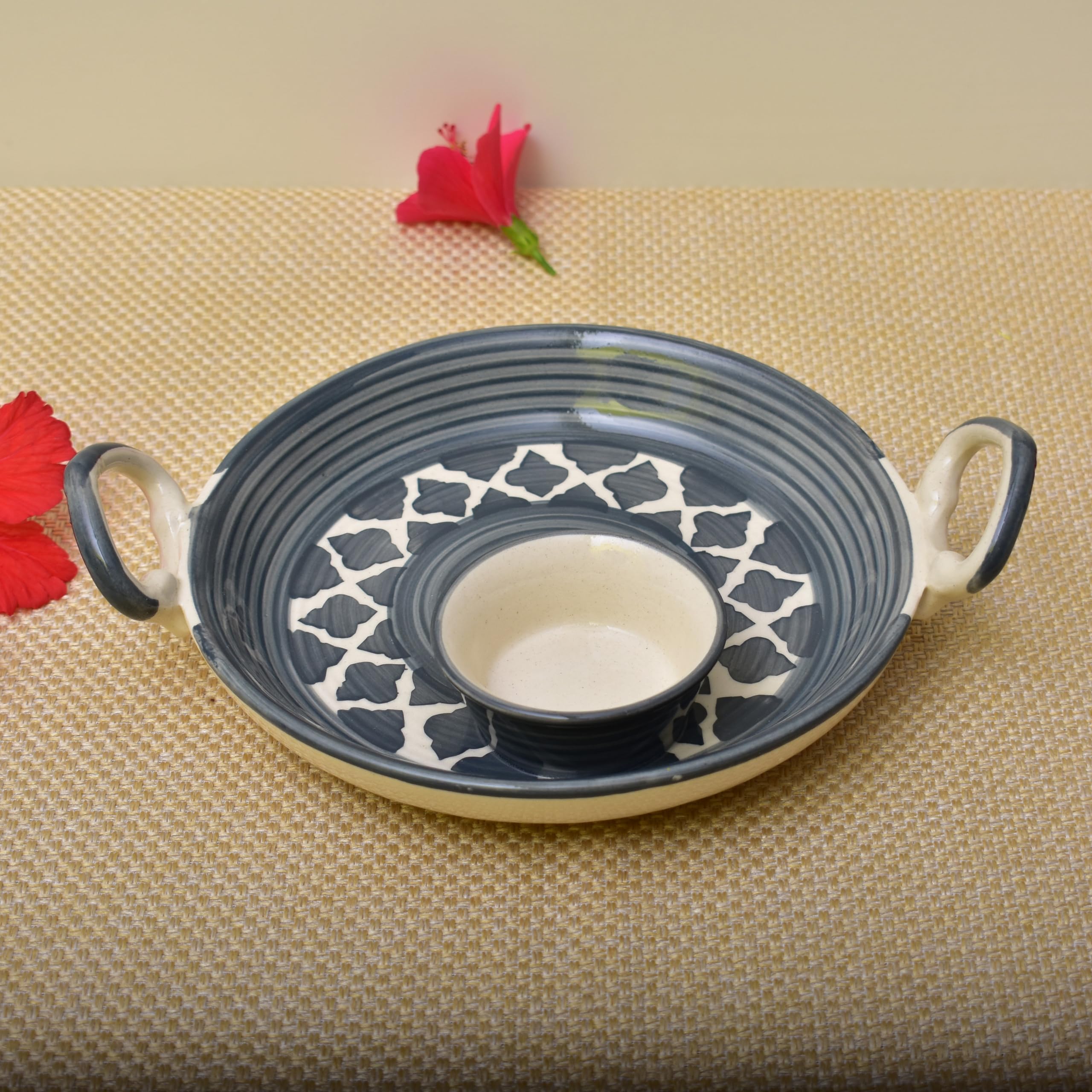 KunhaR Ceramic Platter, Pizza Plate, Round Serving Plate with Serving Chutney Bowl, 8 Inch, Grey Chidi