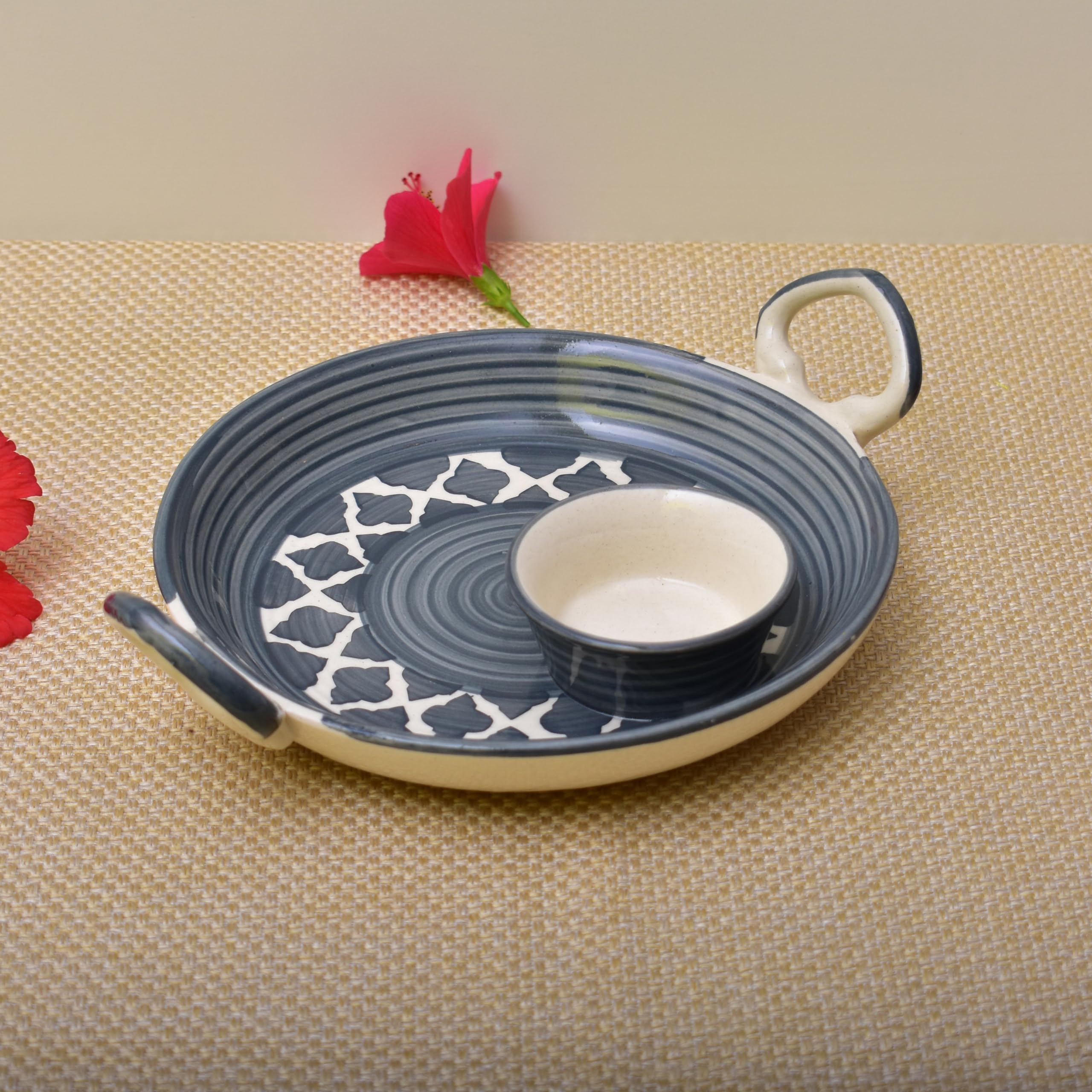 KunhaR Ceramic Platter, Pizza Plate, Round Serving Plate with Serving Chutney Bowl, 8 Inch, Grey Chidi