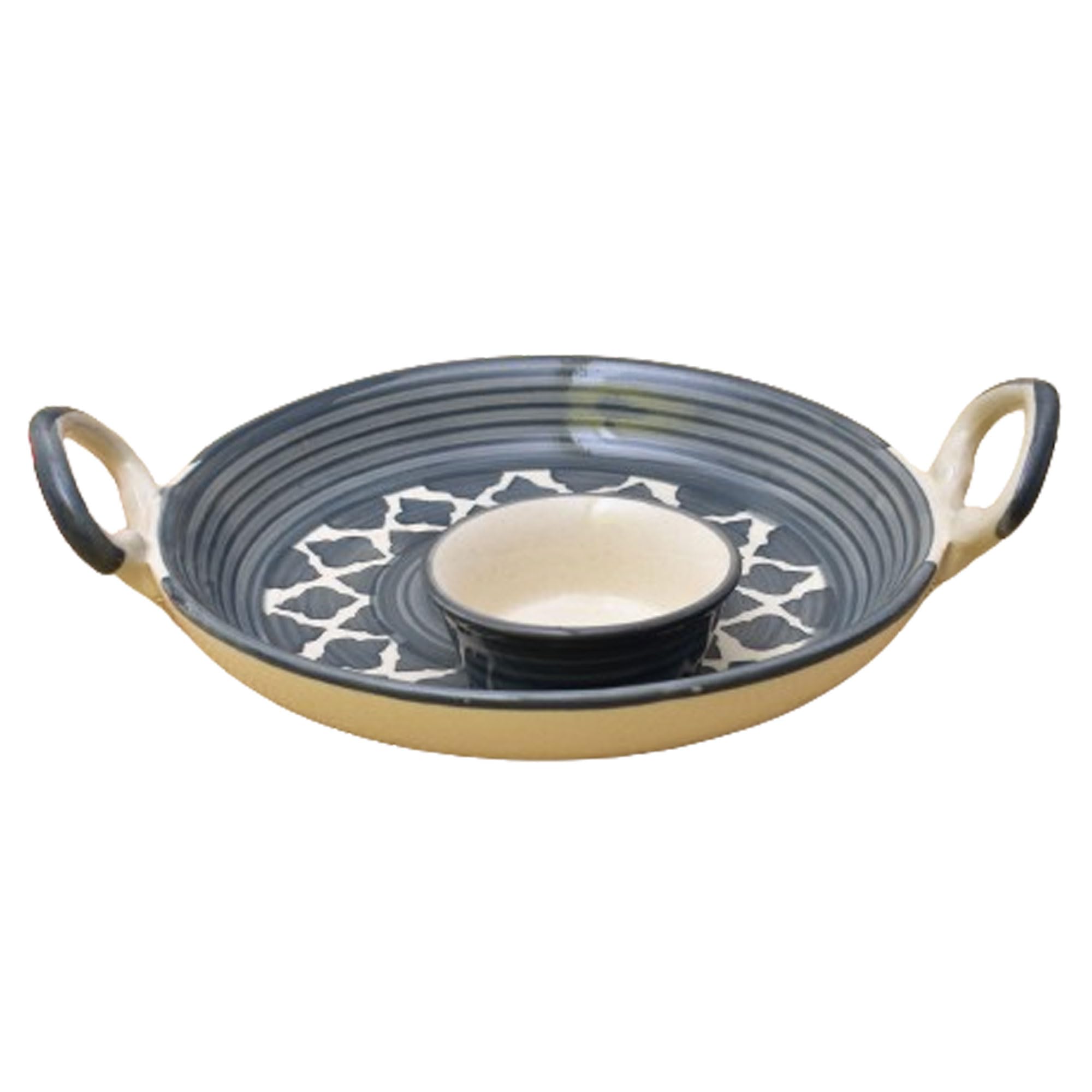 KunhaR Ceramic Platter, Pizza Plate, Round Serving Plate with Serving Chutney Bowl, 8 Inch, Grey Chidi