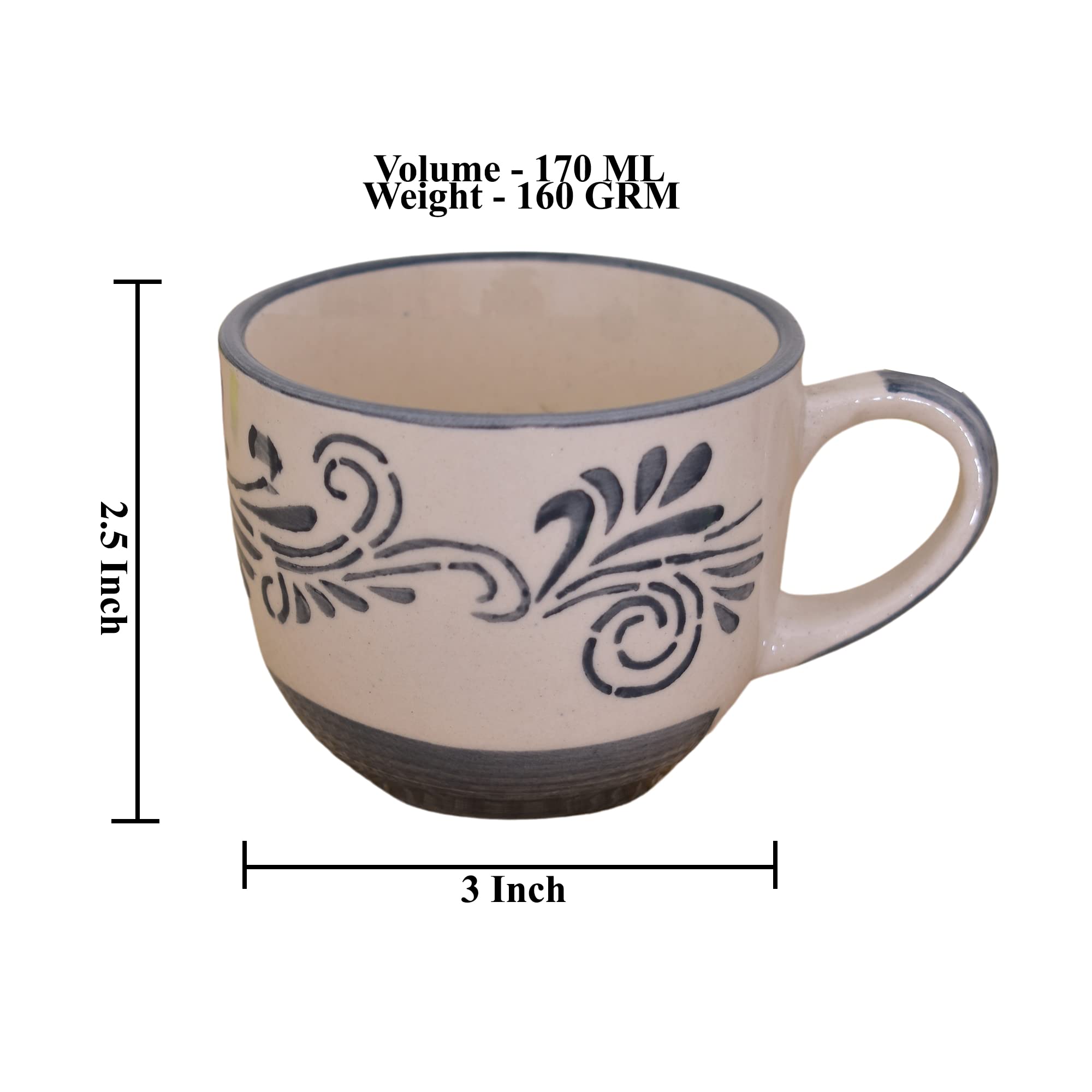 Kunhar Ceramic Tea Cup - 150 Ml, 6 Pieces, Grey